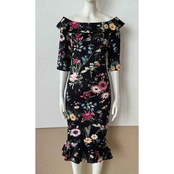 NWT Joe Brown's Women's Dress Black Floral Sz 2 Pencil Off Shoulder Collared - Picture 1 of 9
